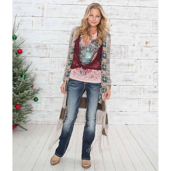 BKE Crochet Duster Cardigan with Faux Leather Patches Fringe Boho Buckle - Picture 1 of 7